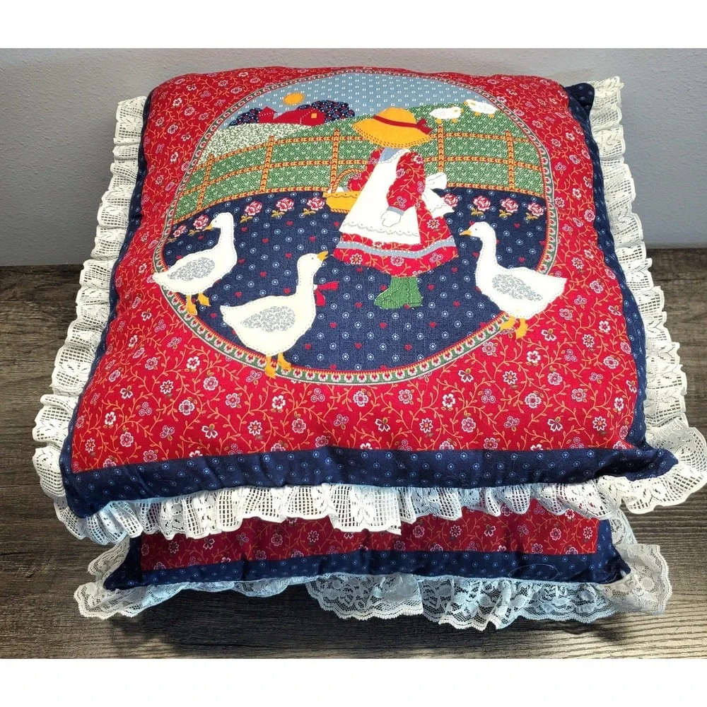Vintage Throw Pillow Set Girl Feeding Ducks Geese Holly Hobbie Style Cottagecore